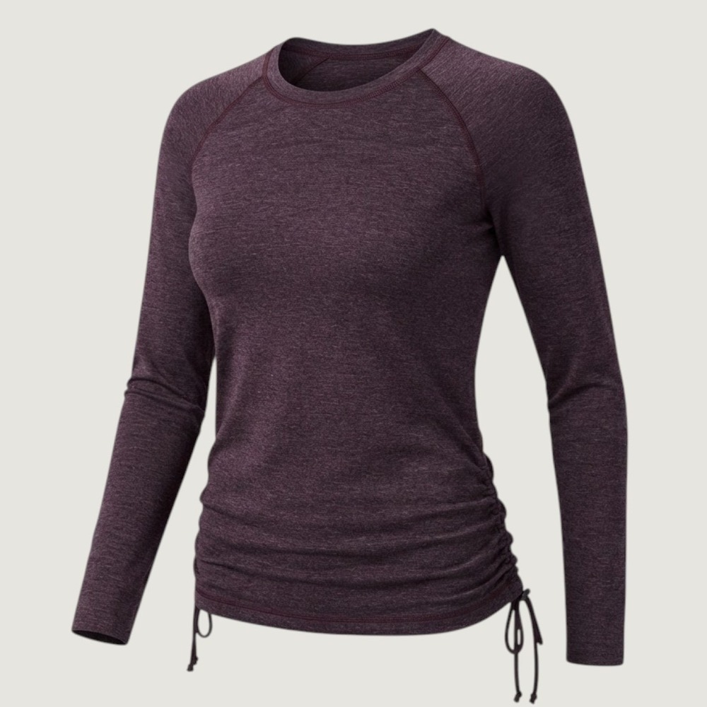Womens Cinched Side Long Sleeve Athletic Top Burgundy Space Dye Thumbholes